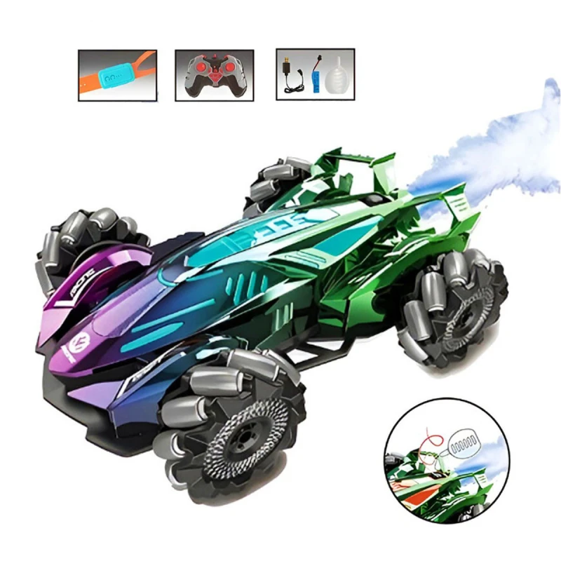 R/C Drift Stunt Car - Dual Control (Remote + Rechargeable Watch), LED Lights with Steam, 360° Spin & Stunts, for Kids 3+